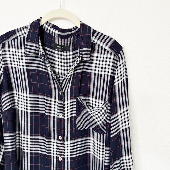 [Forever 21+] Navy Blue White Plaid Flannel Button Down Shirt Relaxed Fit Sz 1X - Picture 7 of 10